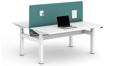 A three-quarter angled view of a blue-green and white Herman Miller Nevi Link Table