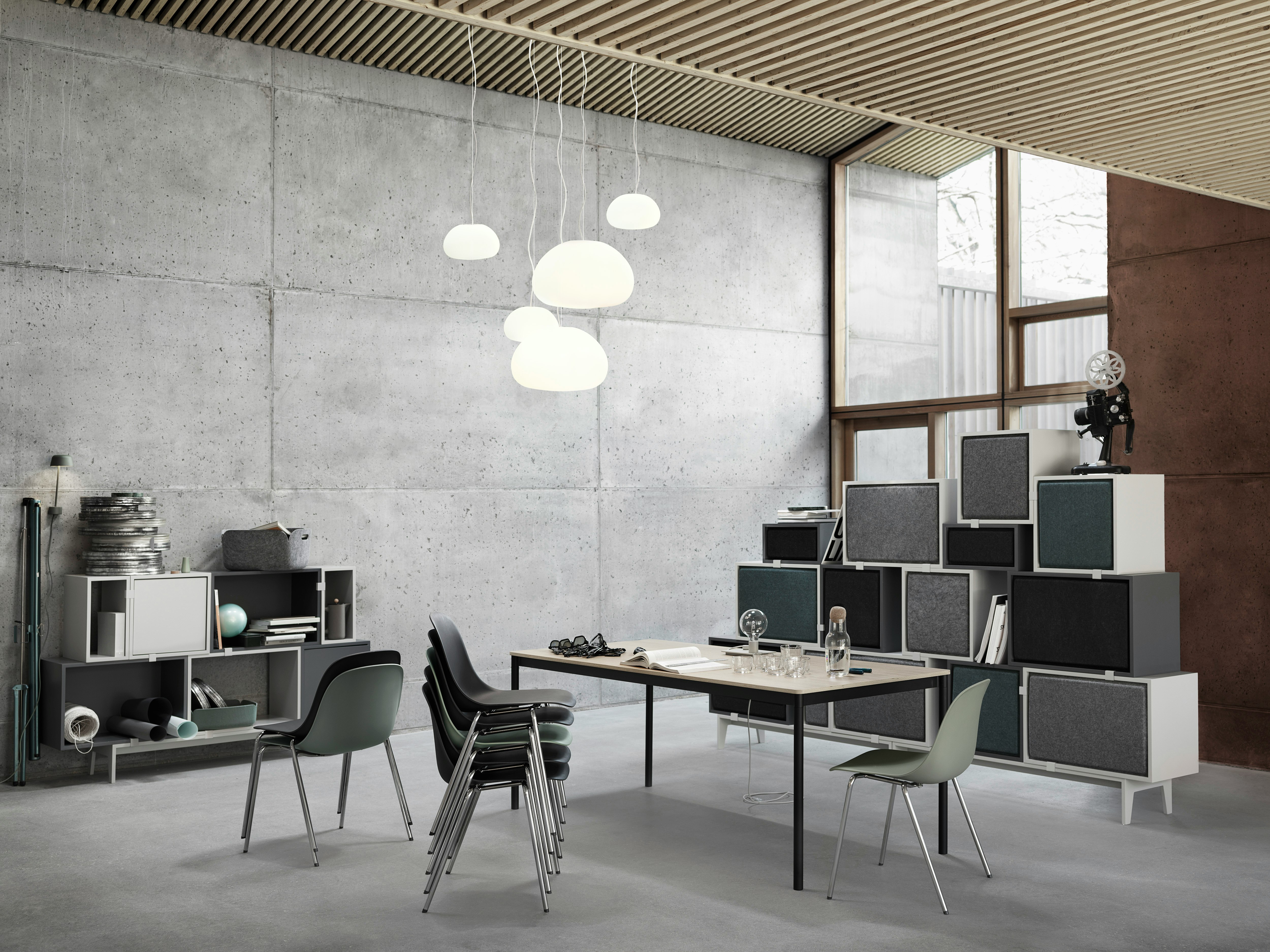 Fiber Side Chair A Base Grey/Chrome, Black/Chrome. Stacked White, Grey. Stacked Acoustic Panel Grey Melange. Base Table Oak Veneer/Black. Fluid Pendant Lamp White Opal.