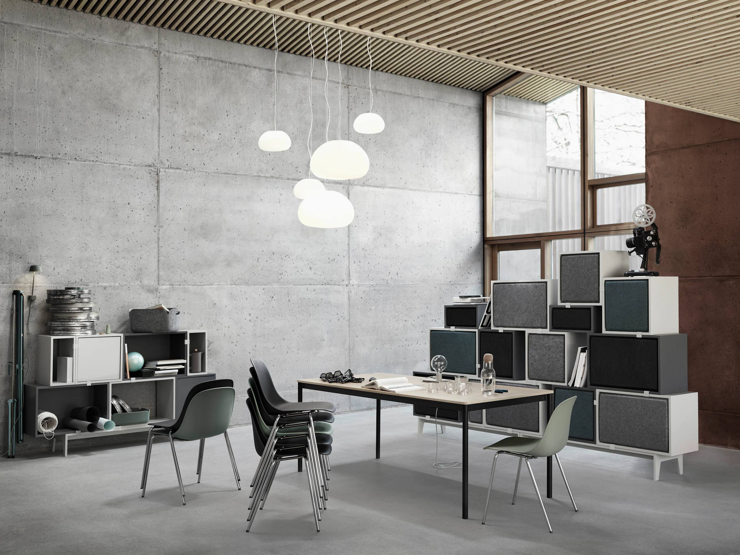 Fiber Side Chair A Base Grey/Chrome, Black/Chrome. Stacked White, Grey. Stacked Acoustic Panel Grey Melange. Base Table Oak Veneer/Black. Fluid Pendant Lamp White Opal.