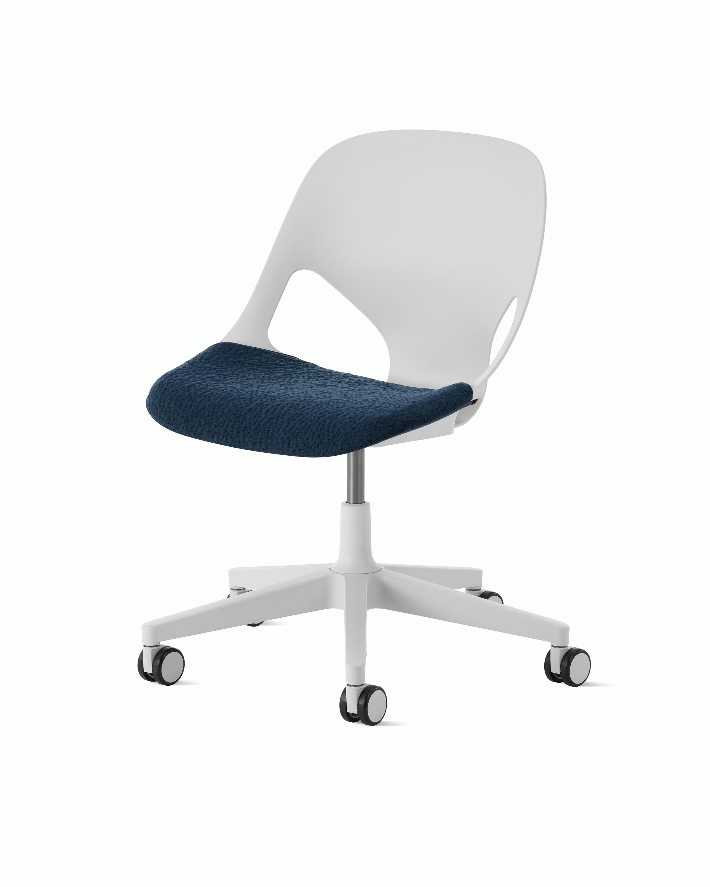 White task chair with a navy seat pad