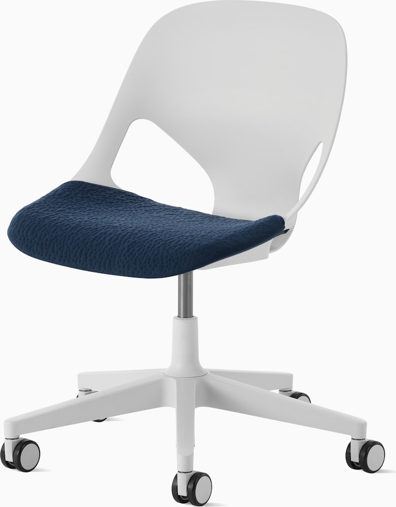 White task chair with a navy seat pad