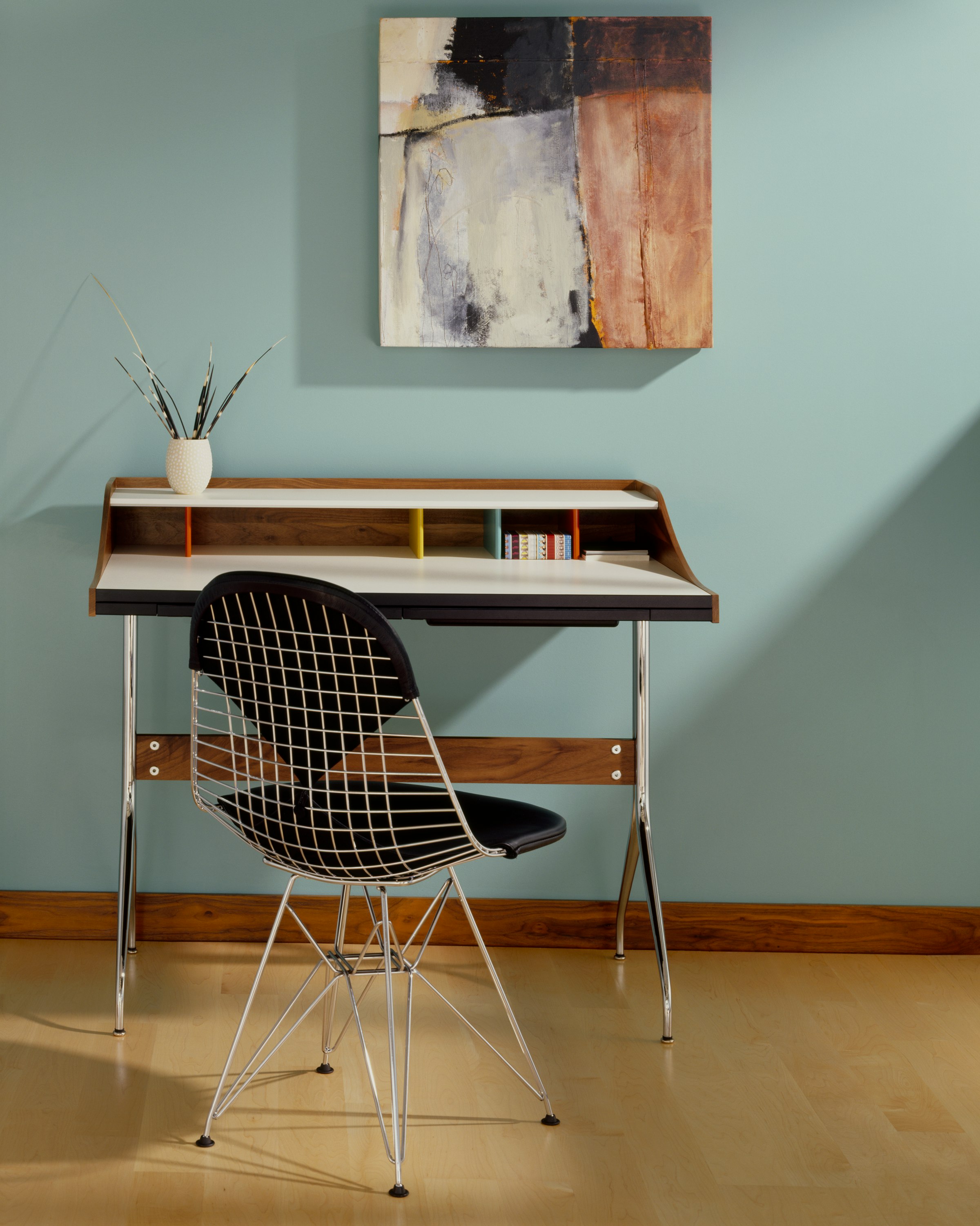 Nelson Swag Leg Desk with Eames Wire Base Chair.