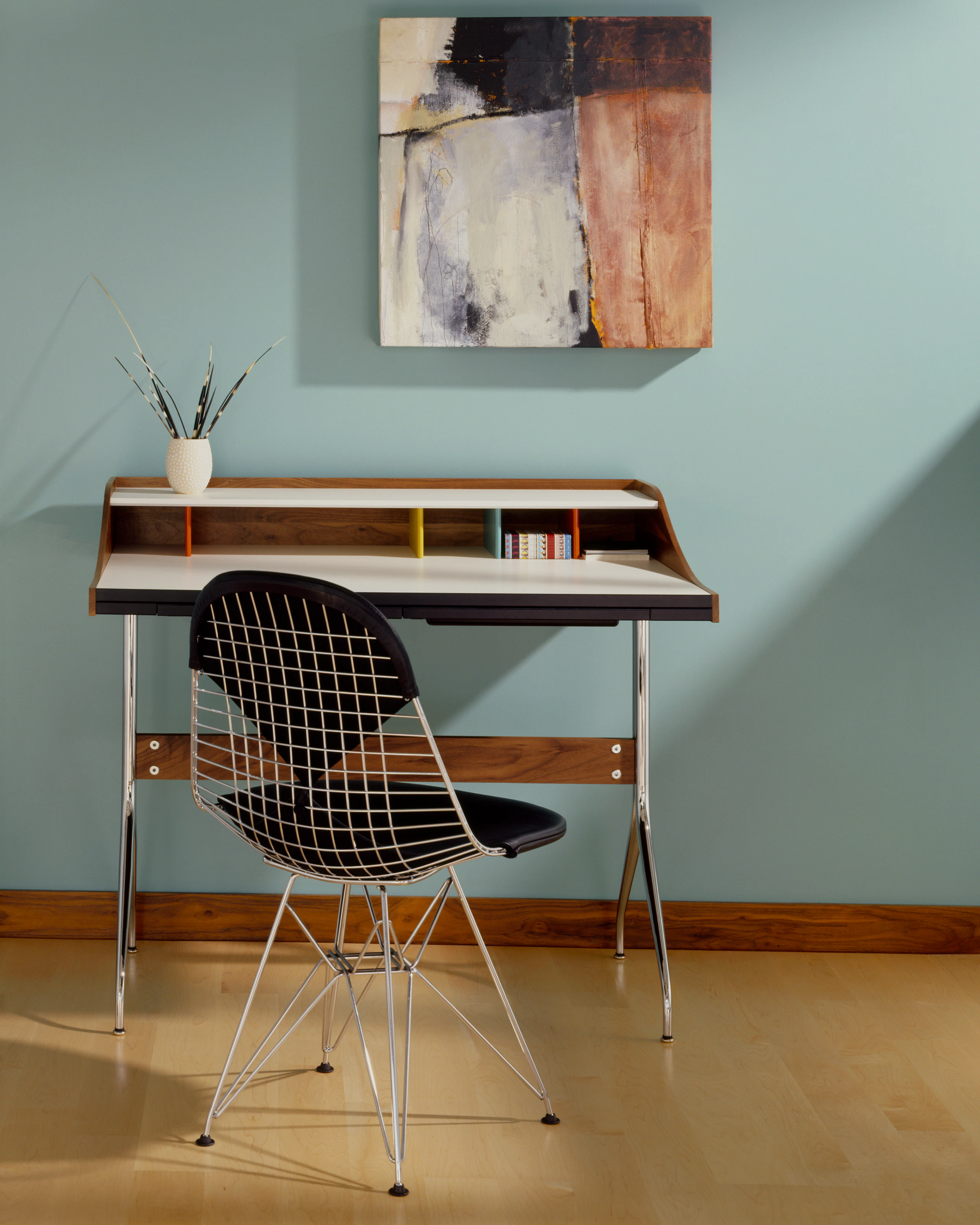 Nelson Swag Leg Desk with Eames Wire Base Chair.