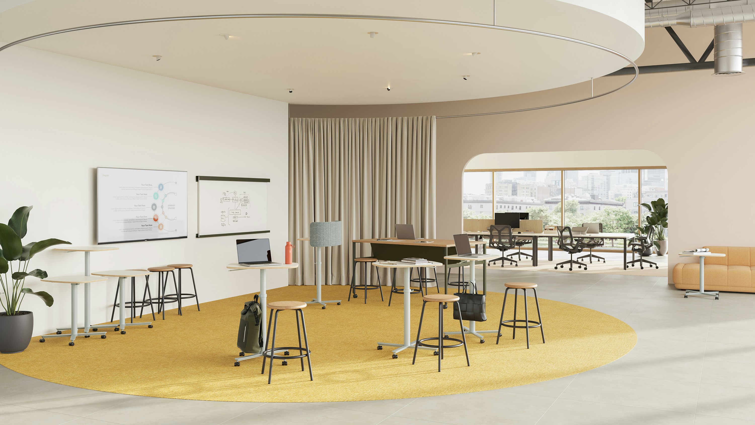 A selection of small and large Passport Work Tables are featured in a team collaboration setting.