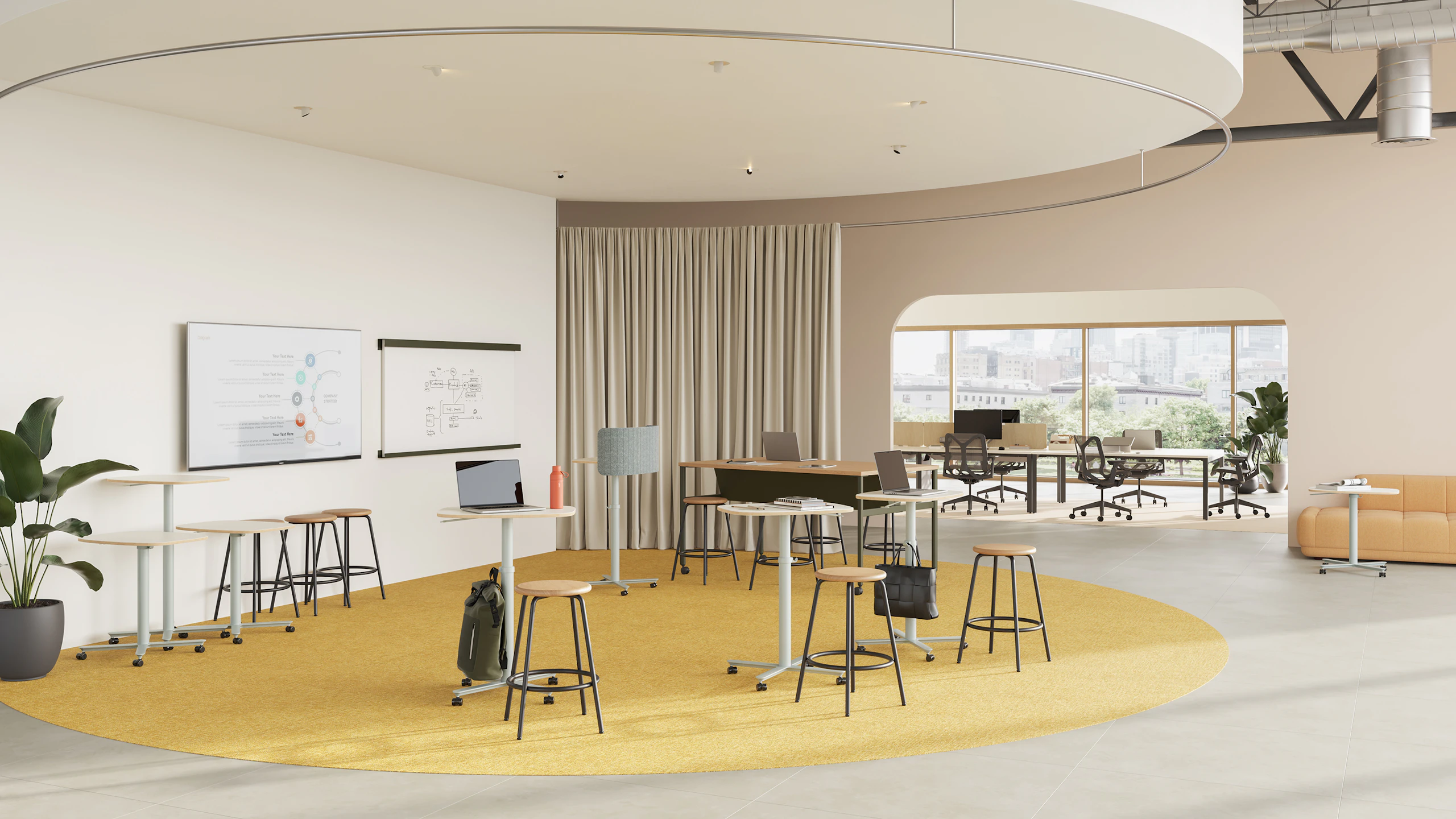 A selection of small and large Passport Work Tables are featured in a team collaboration setting.