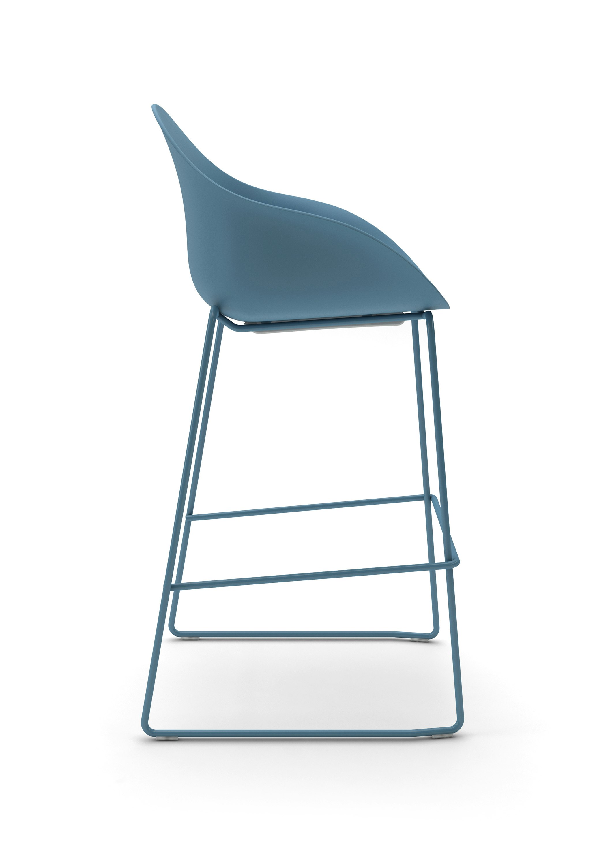 Side view of a blue Ruby Stool with matching bar-height sled base.