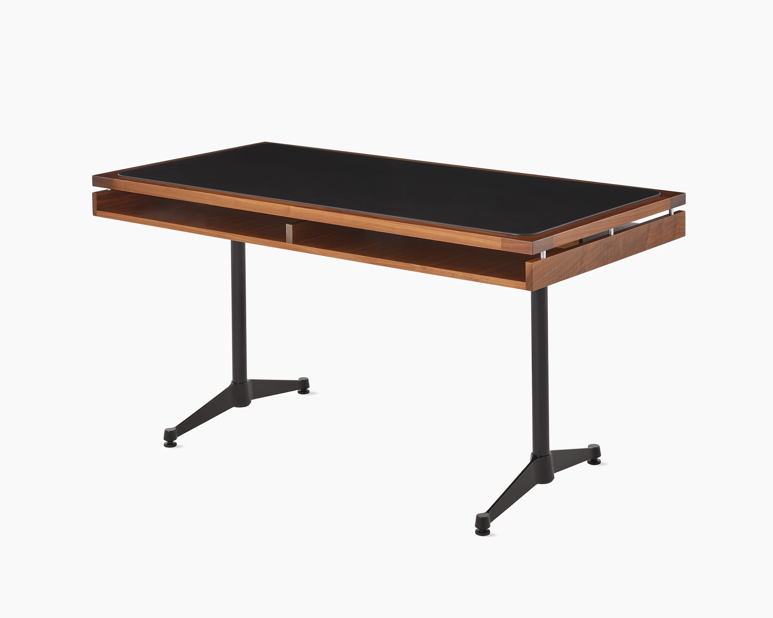 Eames 2500 Series Executive Desk, angled view of walnut and black leather finishes.