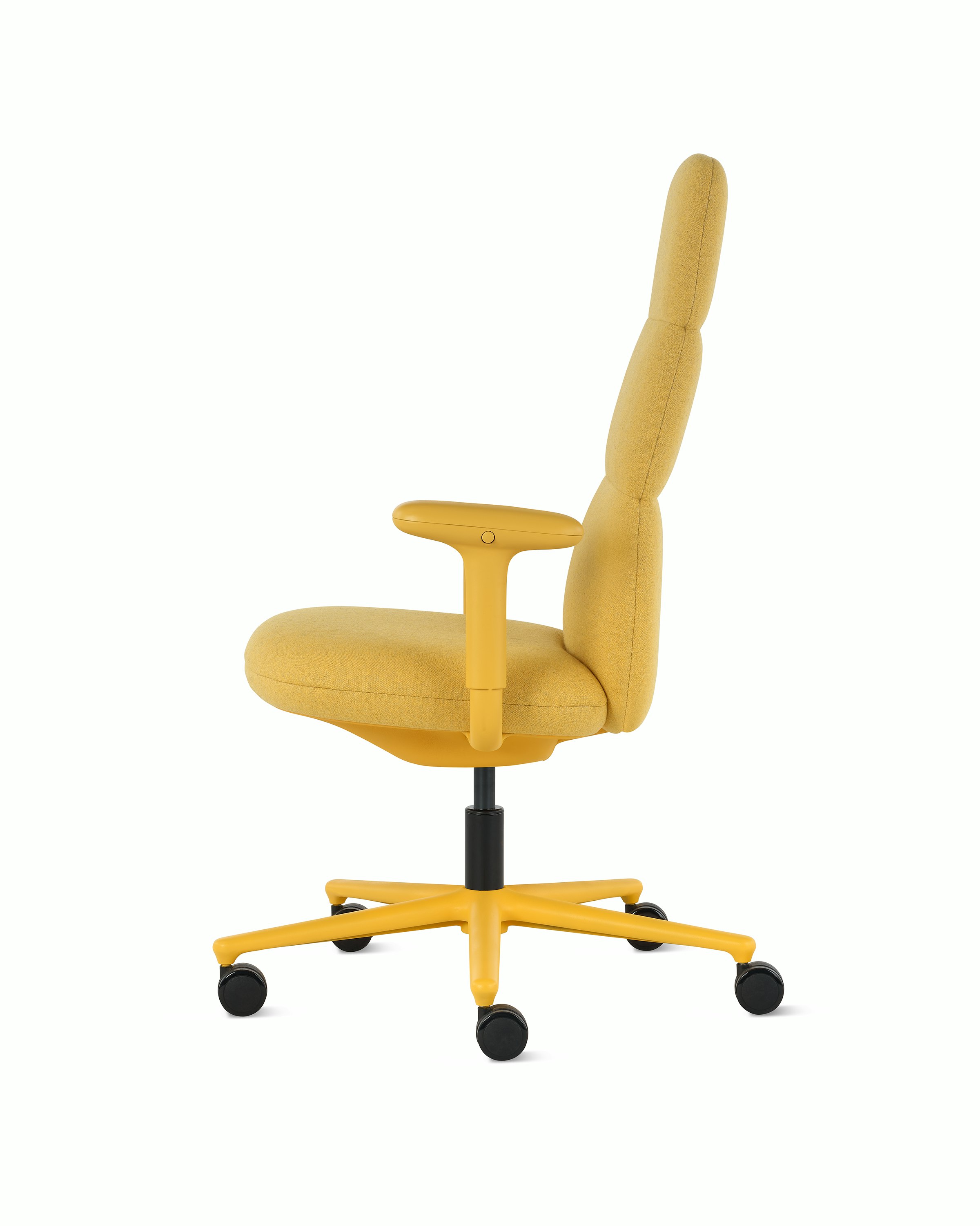 Side view of a high-back Asari chair by Herman Miller in yellow with height adjustable arms.