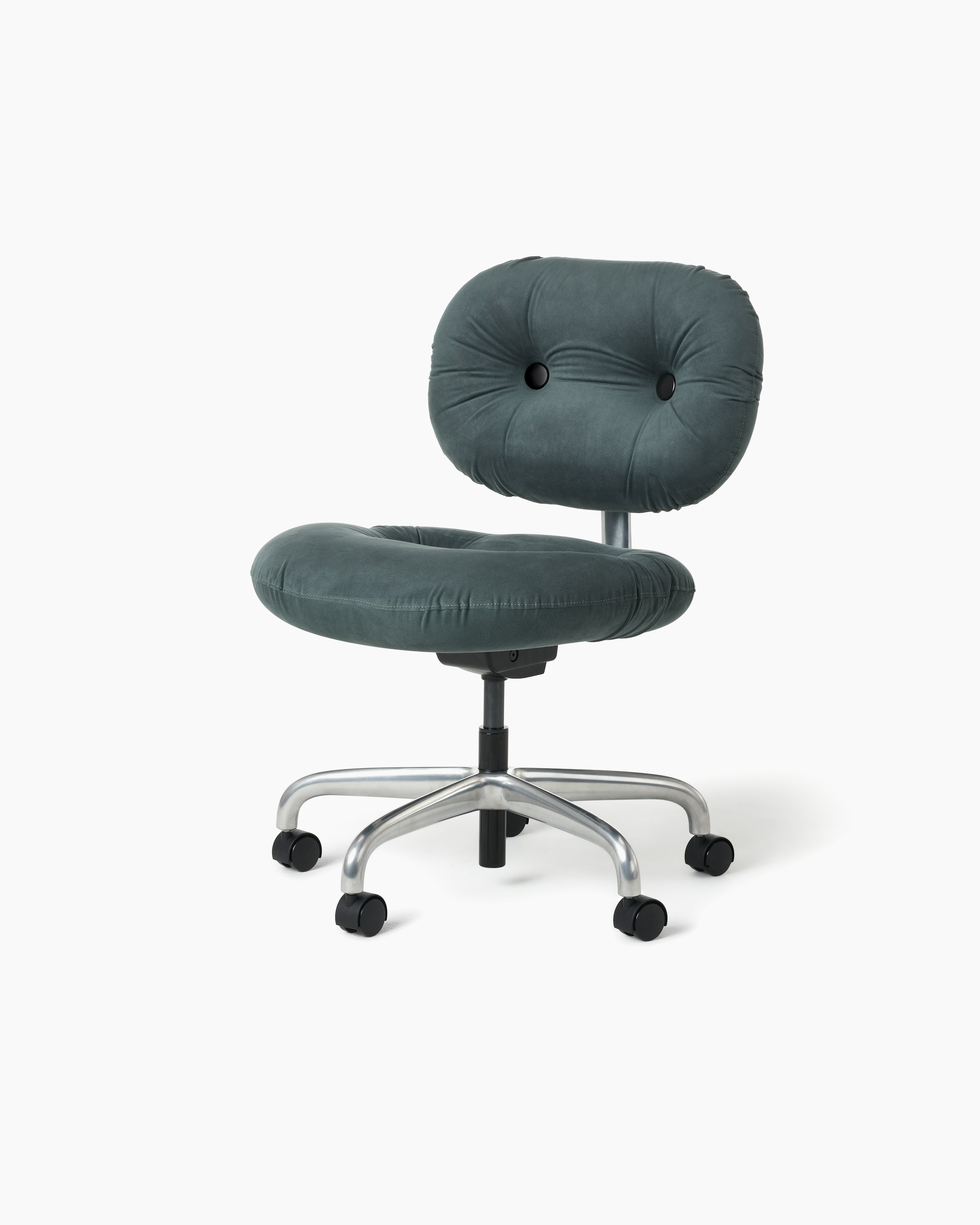 Front angle view of a Morrison Hannah chair with a Demi-polished frame and base without arms and dark green upholstery.