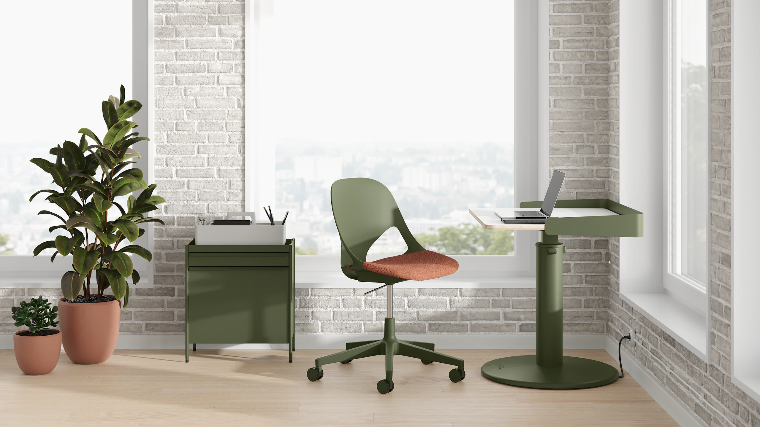 Bright office with a green OE1 Storage Trolley, green Zeph Chair and OE1 Sit-Stand Table.