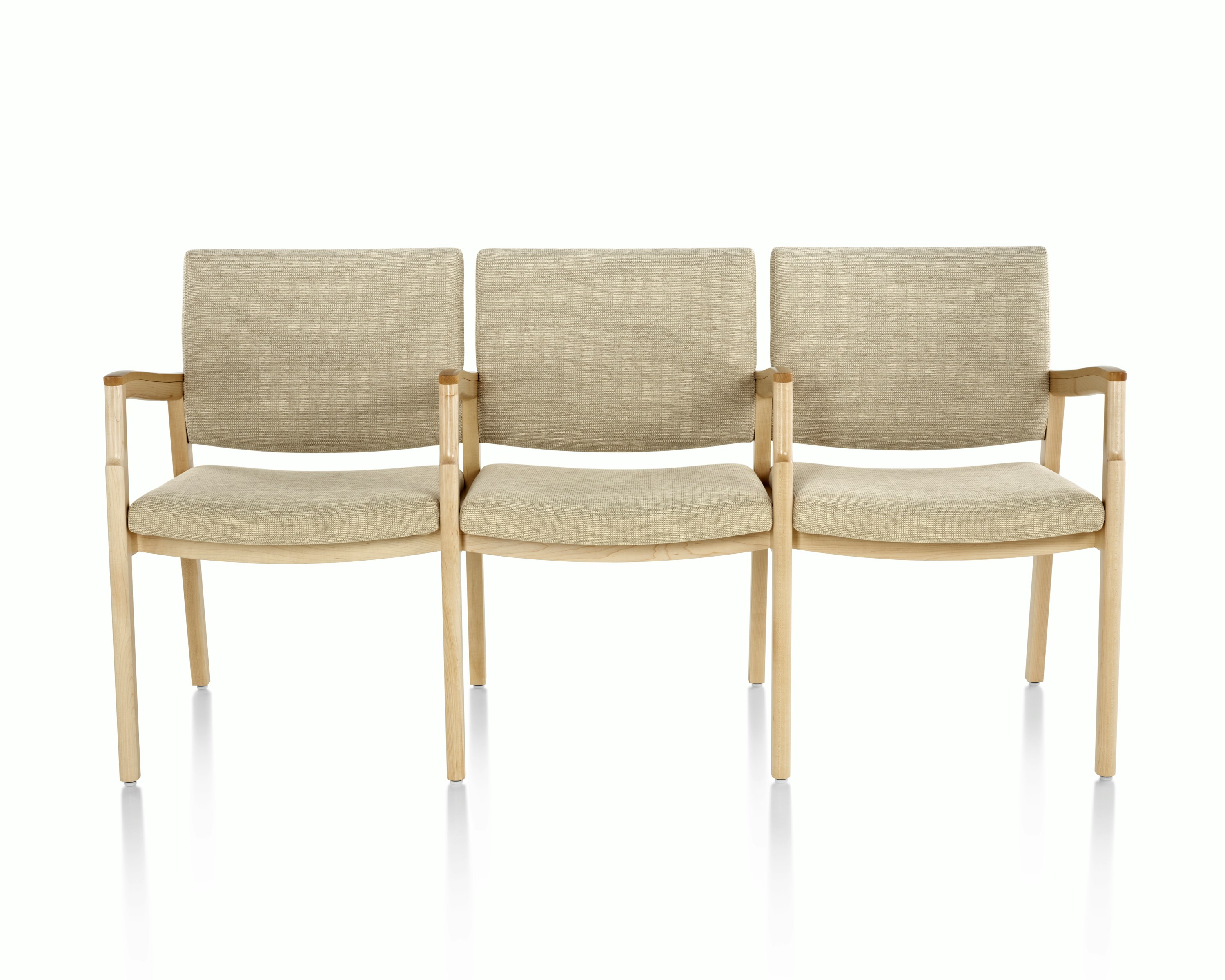 Monarch Multiple Seating (three seat with intervening arms and legs) in tan textile with solid hardwood frame and wood arm caps.