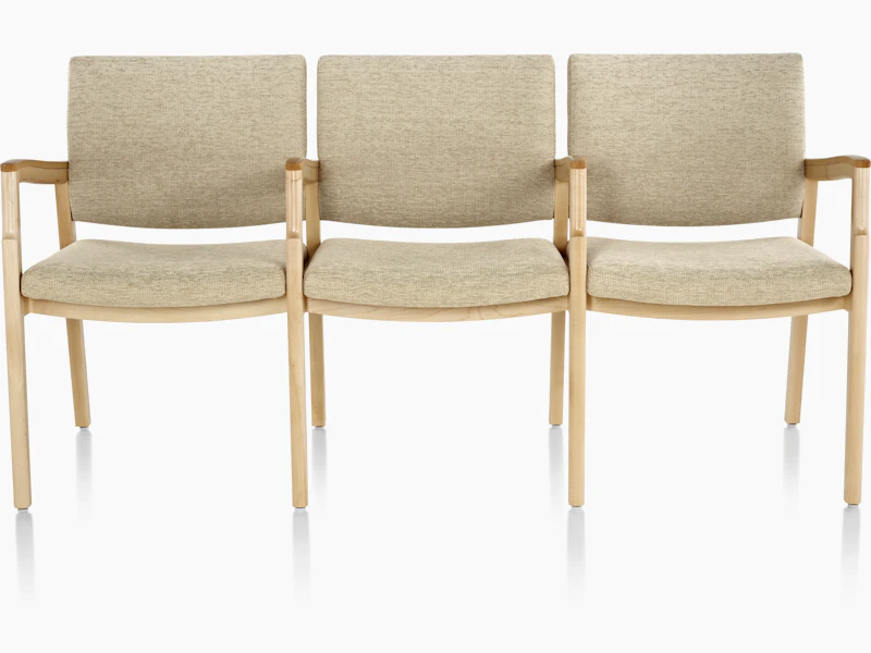 Monarch Multiple Seating (three seat with intervening arms and legs) in tan textile with solid hardwood frame and wood arm caps.