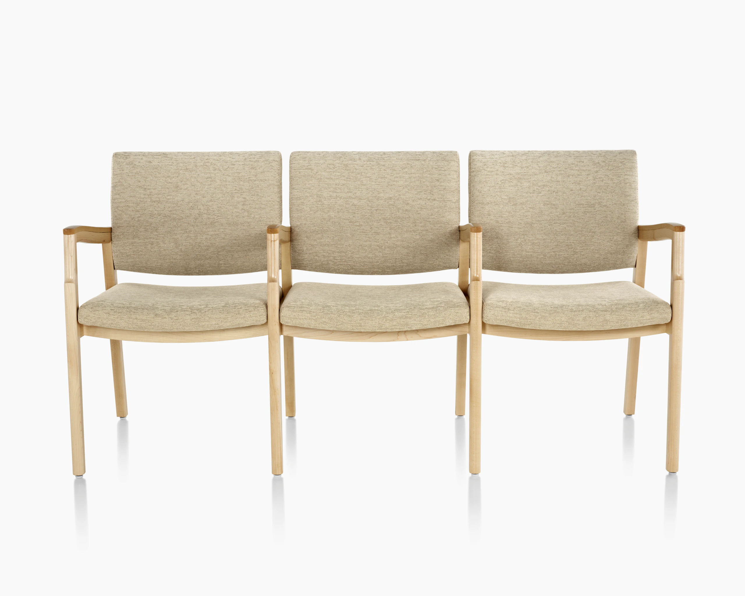 Monarch Multiple Seating (three seat with intervening arms and legs) in tan textile with solid hardwood frame and wood arm caps.