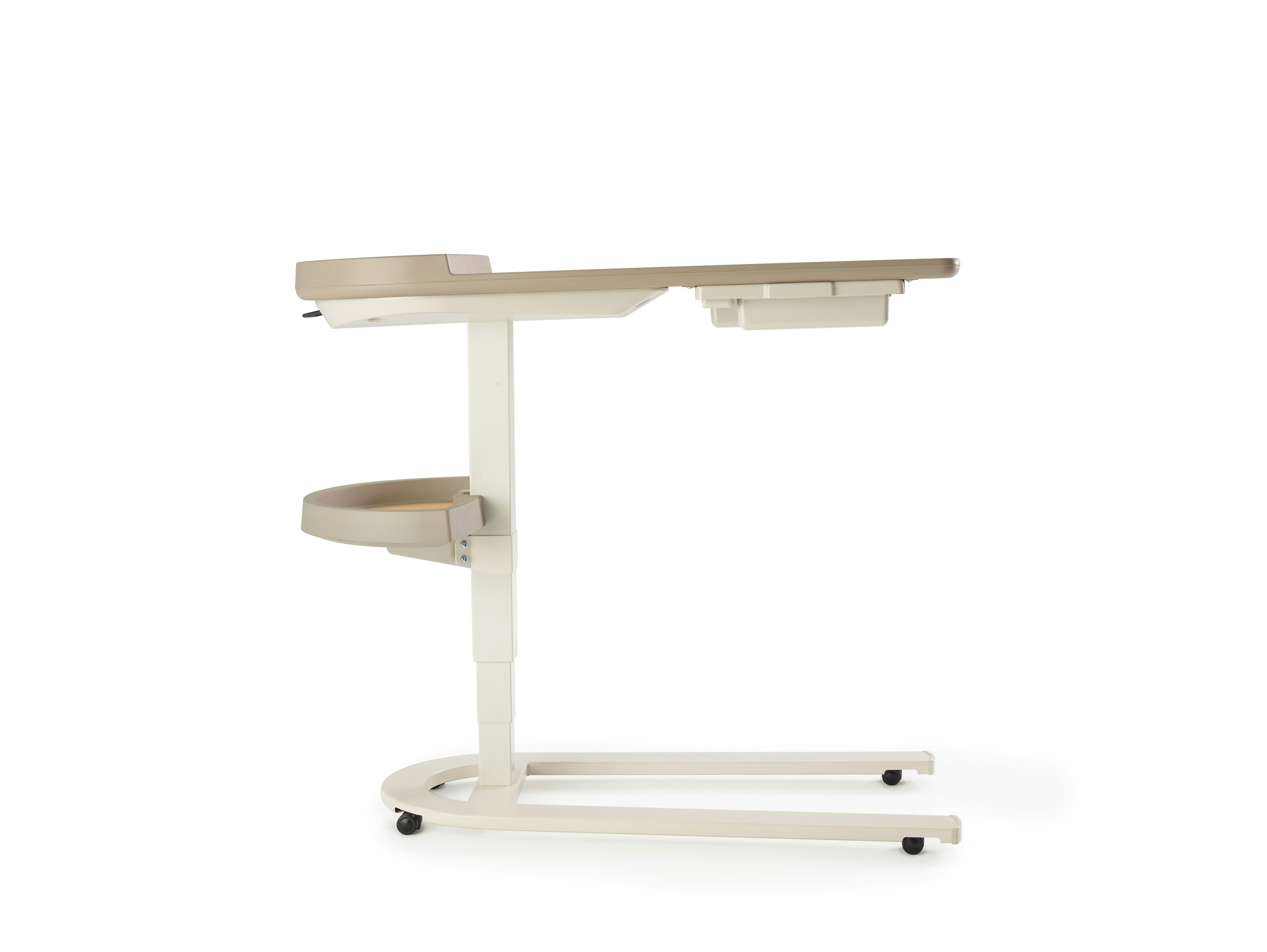 Mirage Overbed Table on white sweep, viewed from the side.