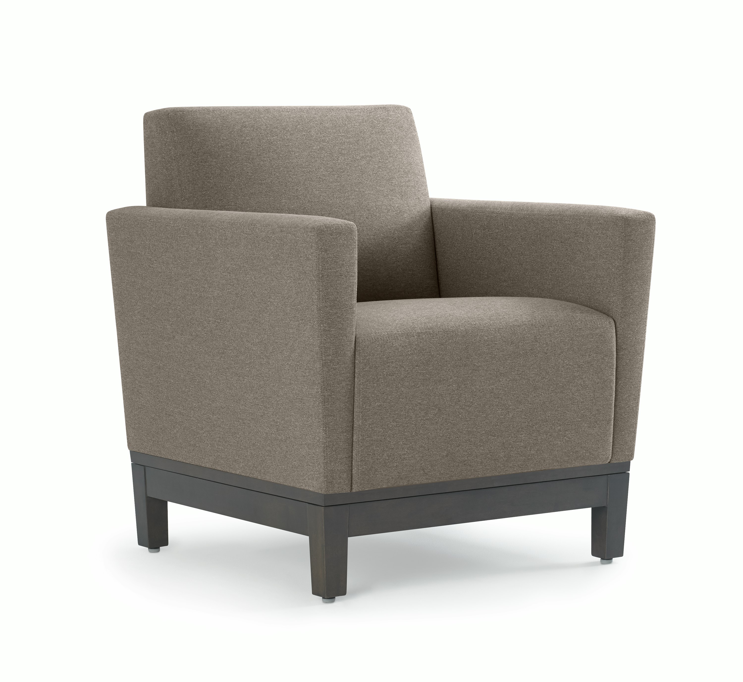 Front three-quarter view of a gray Brava Platform Lounge chair on wood base.