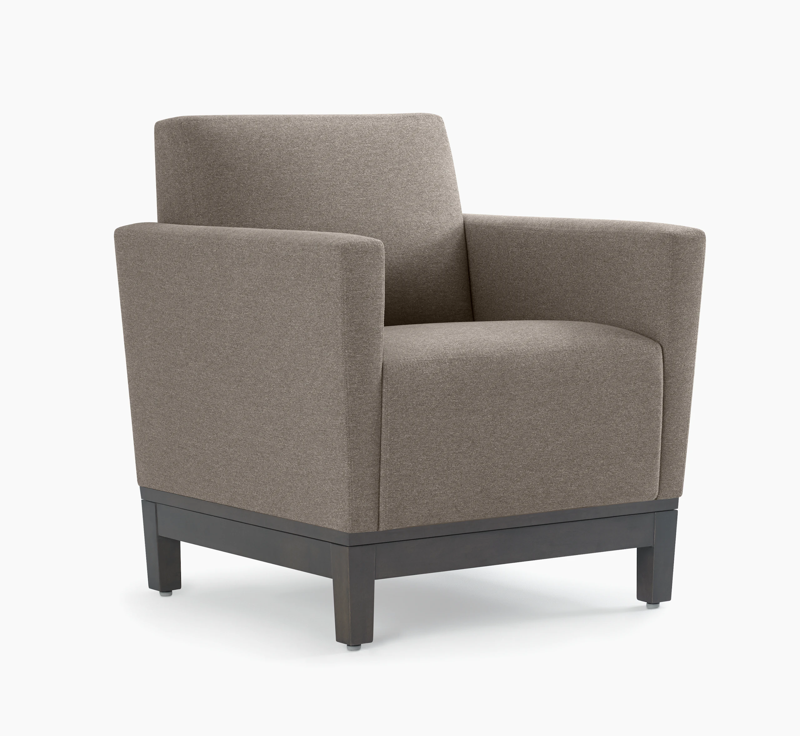 Front three-quarter view of a gray Brava Platform Lounge chair on wood base.