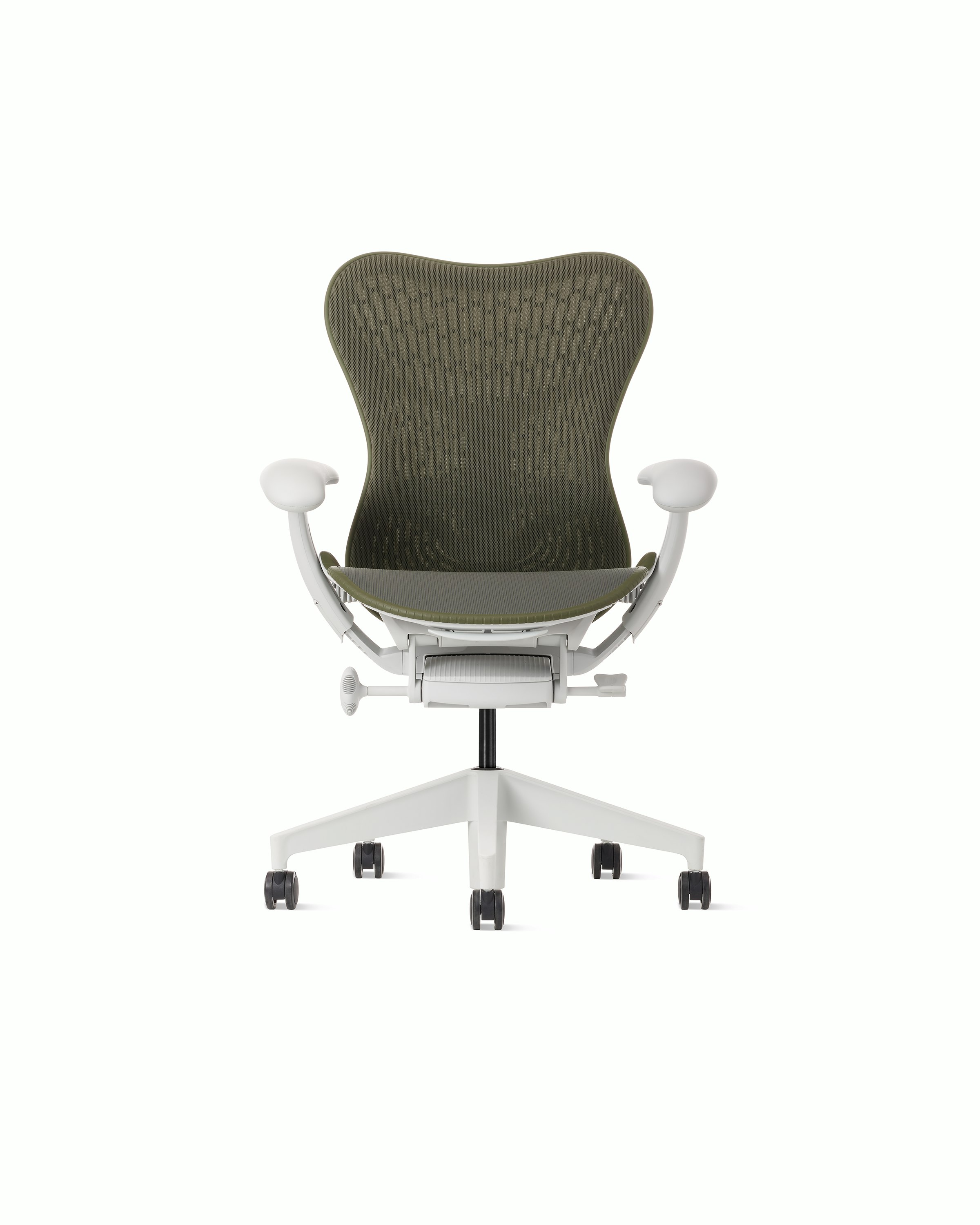 Front view of a Mirra 2 chair with a Butterfly back in olive color-block and alpine frame.