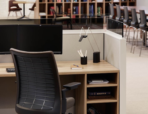 Dividends Horzon Workstation with Anchor Storage laminate fronts wood grain laminate cubby open personal storage floorstanding add up glass grey smoked