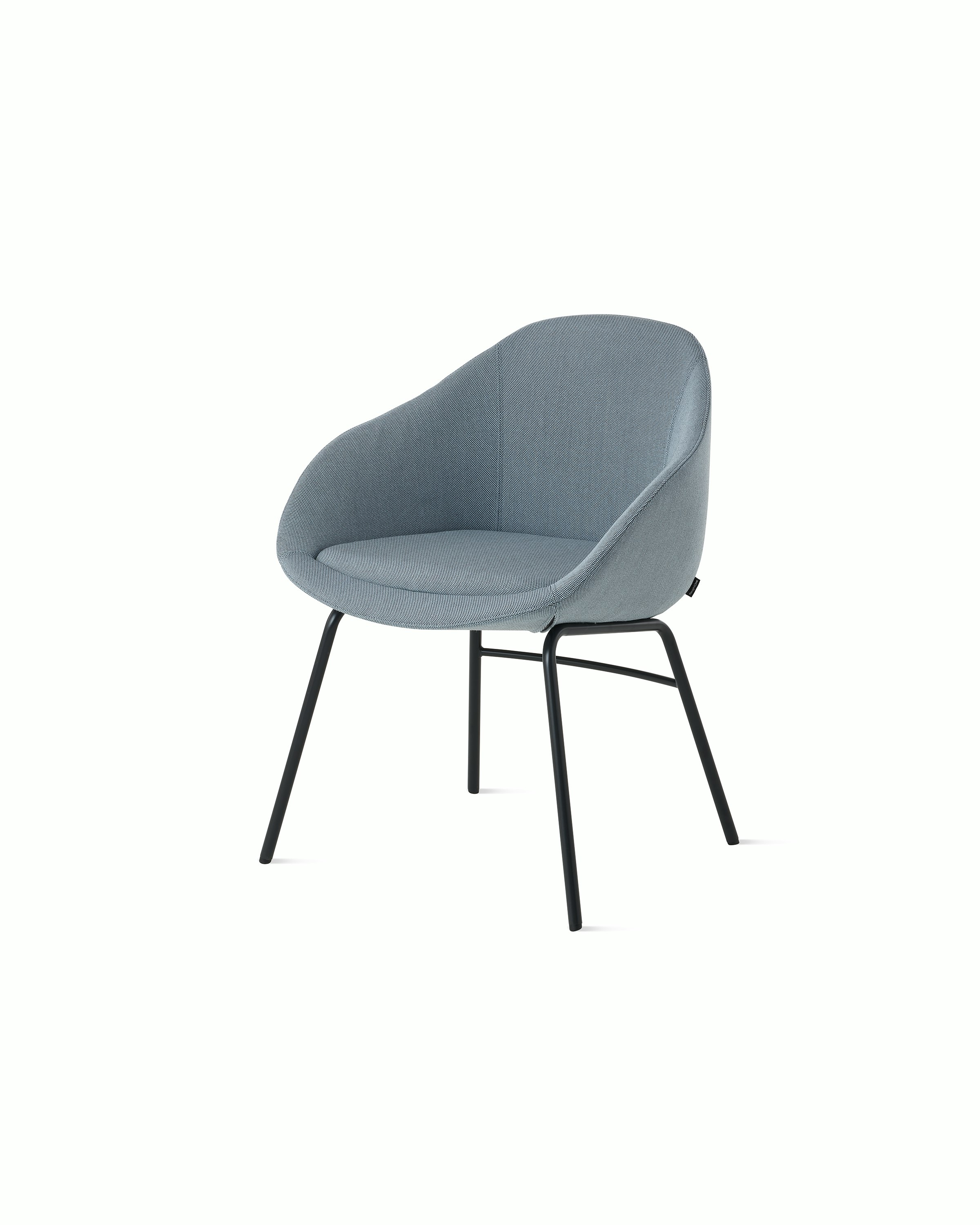 White background shot of Always Chair with light blue fabric and black 4 leg base.