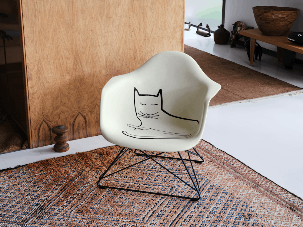 Eames Fiberglass Armchair with Steinberg Cat in the Eames House