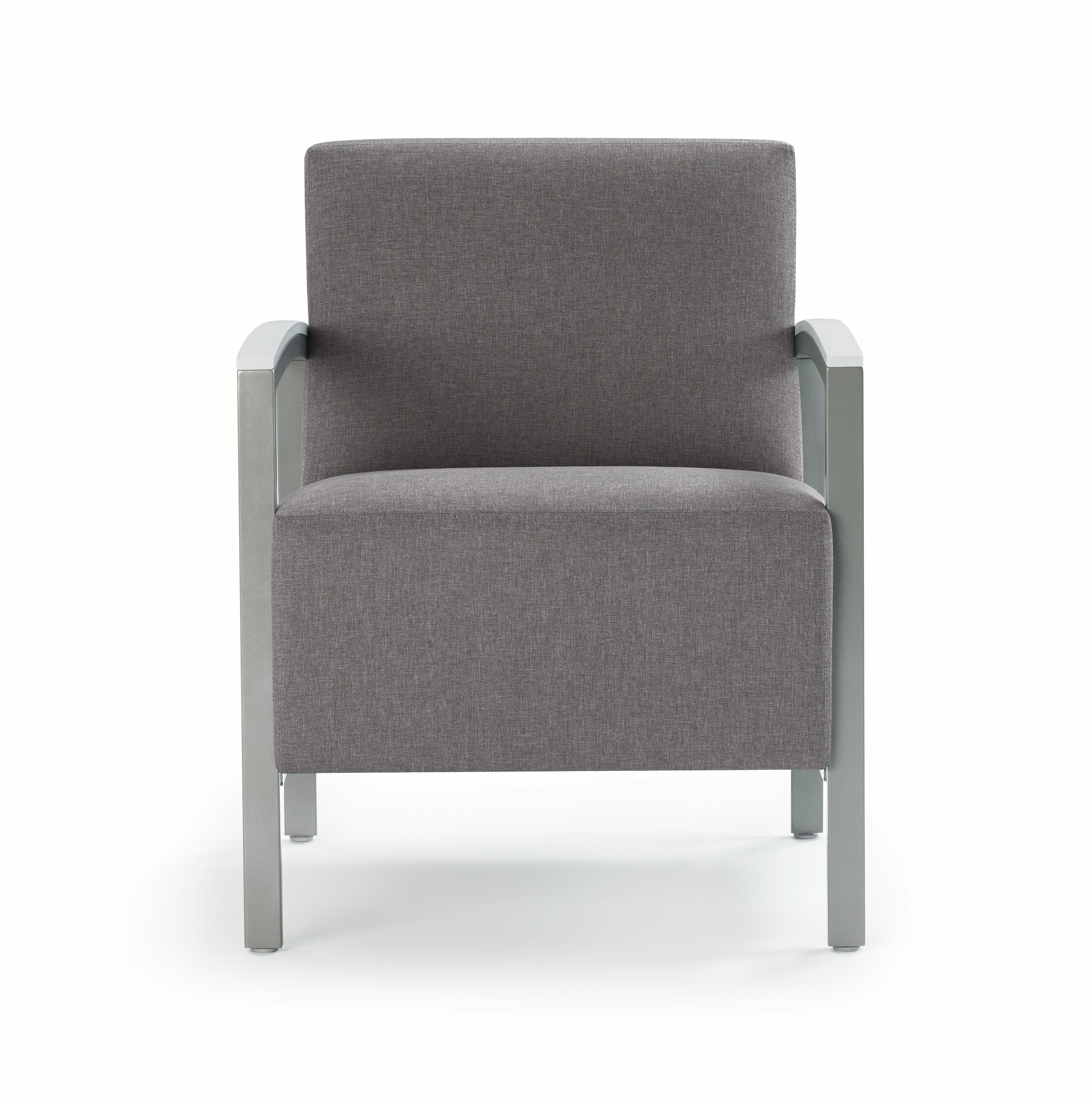 Front view of a gray Brava Modern Lounge Seating chair with solid surface arm caps.