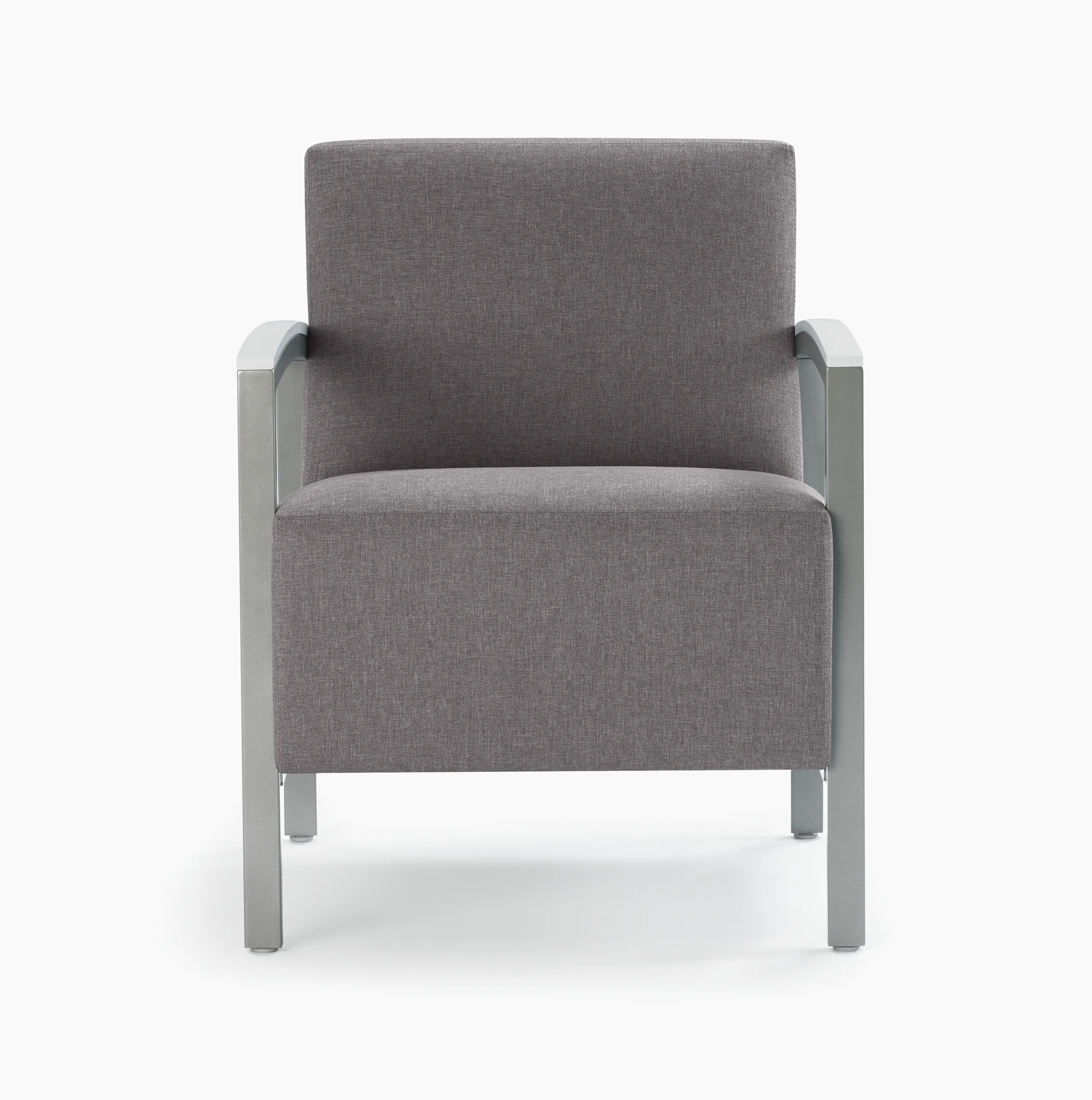 Front view of a gray Brava Modern Lounge Seating chair with solid surface arm caps.