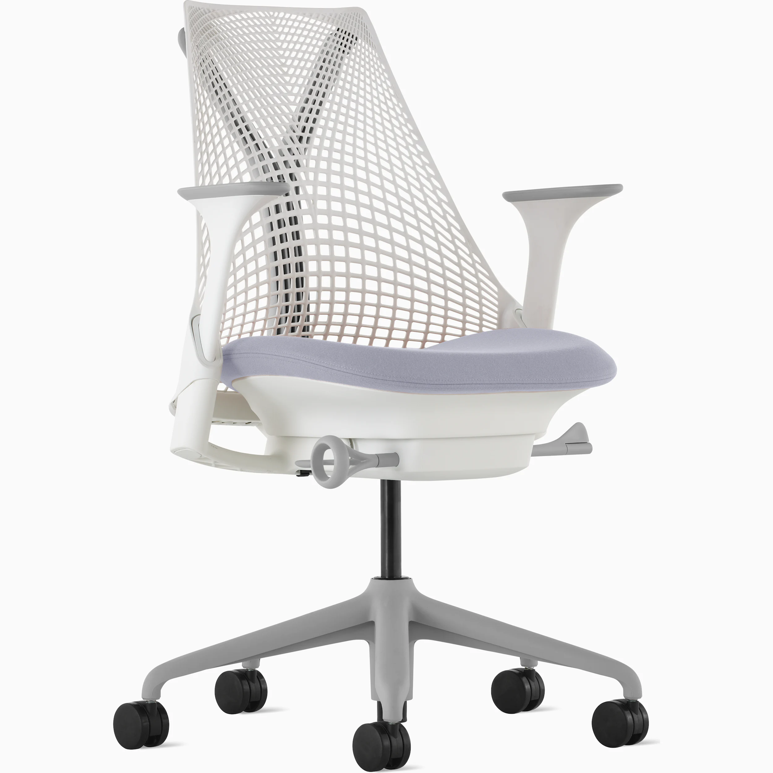 White-frame Herman Miller Sayl chair with open lattice back