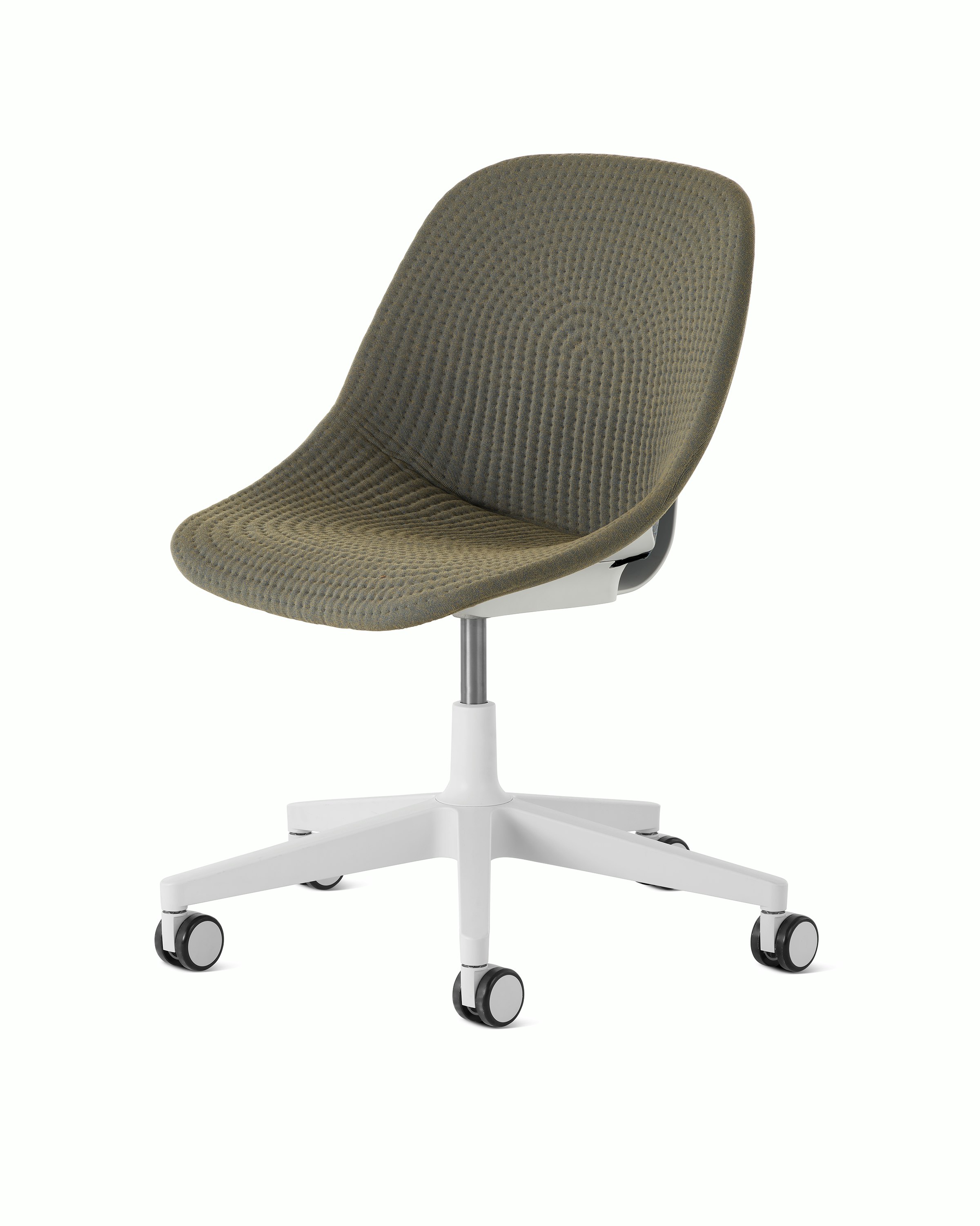 Front angle view of a Zeph chair with no arms in light grey with moss green knit cover.