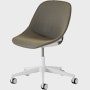 Front angle view of a Zeph chair with no arms in light grey with moss green knit cover.