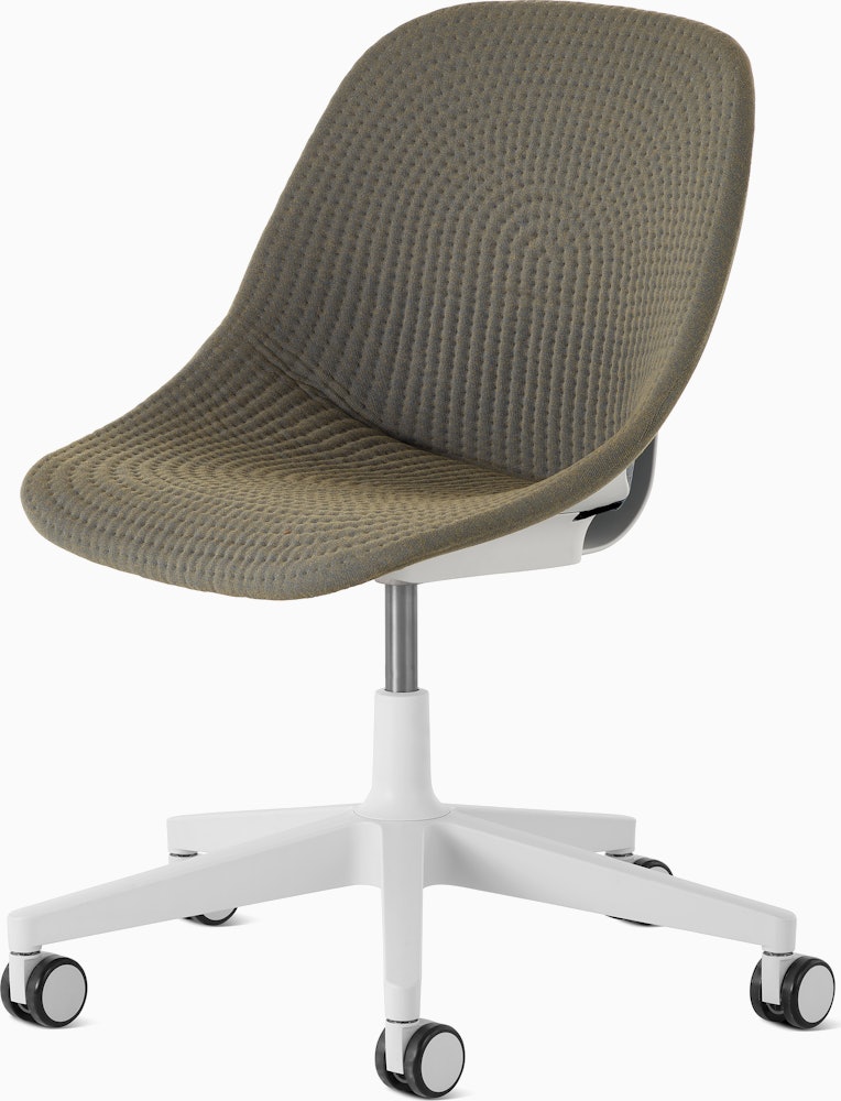 Front angle view of a Zeph chair with no arms in light grey with moss green knit cover.