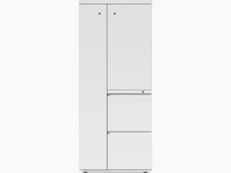 White Series 2 storage tower with wardrobe, viewed from the front.