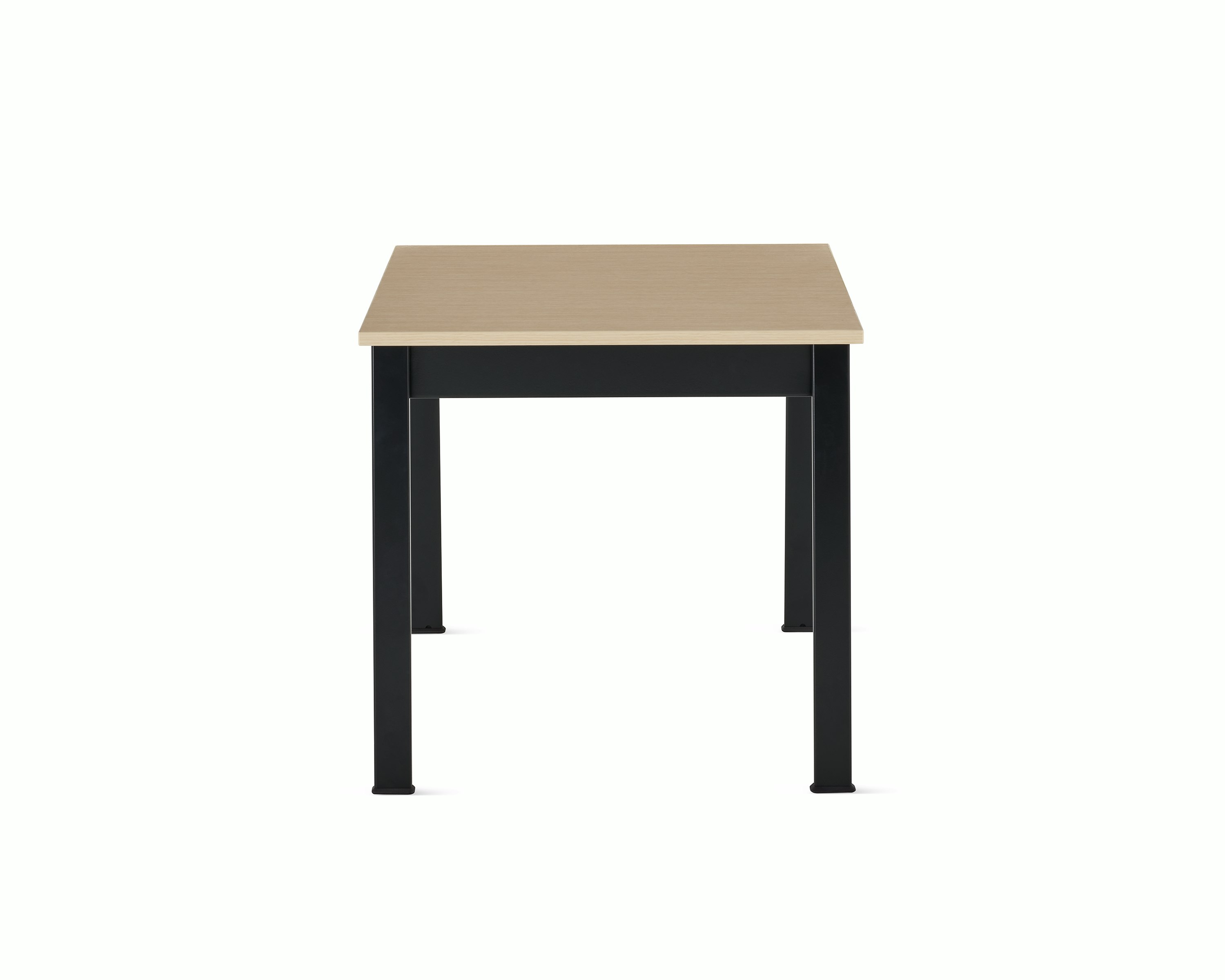 Front view of an Easton Side Table with a clear on ash laminate top and black legs.