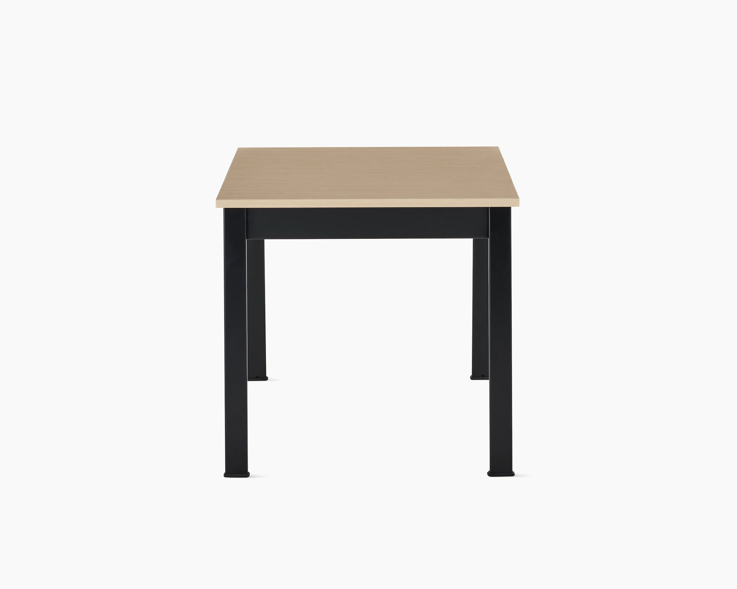 Front view of an Easton Side Table with a clear on ash laminate top and black legs.