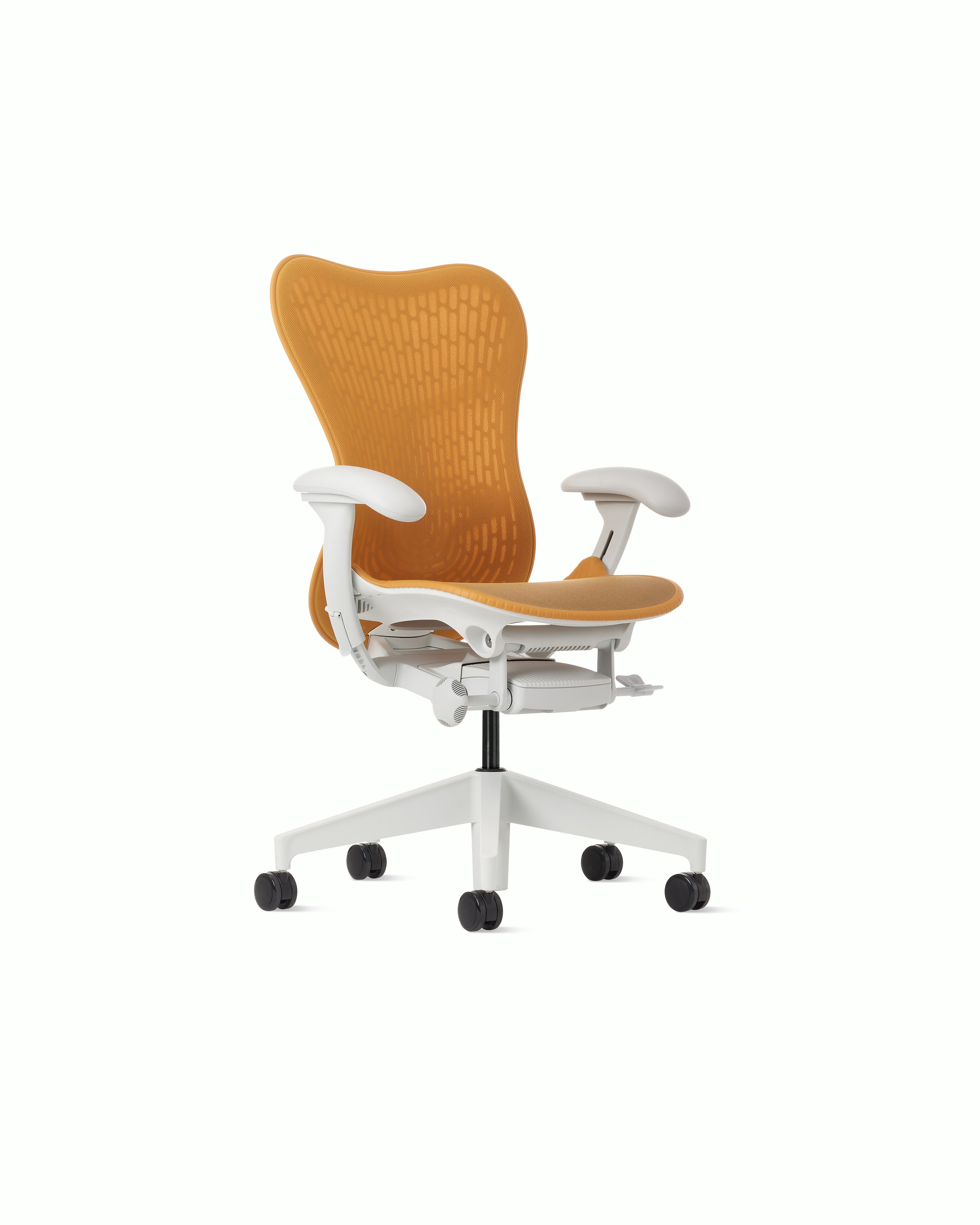 Front angle view of a Mirra 2 chair with a Butterfly back in ochre  and alpine frame.