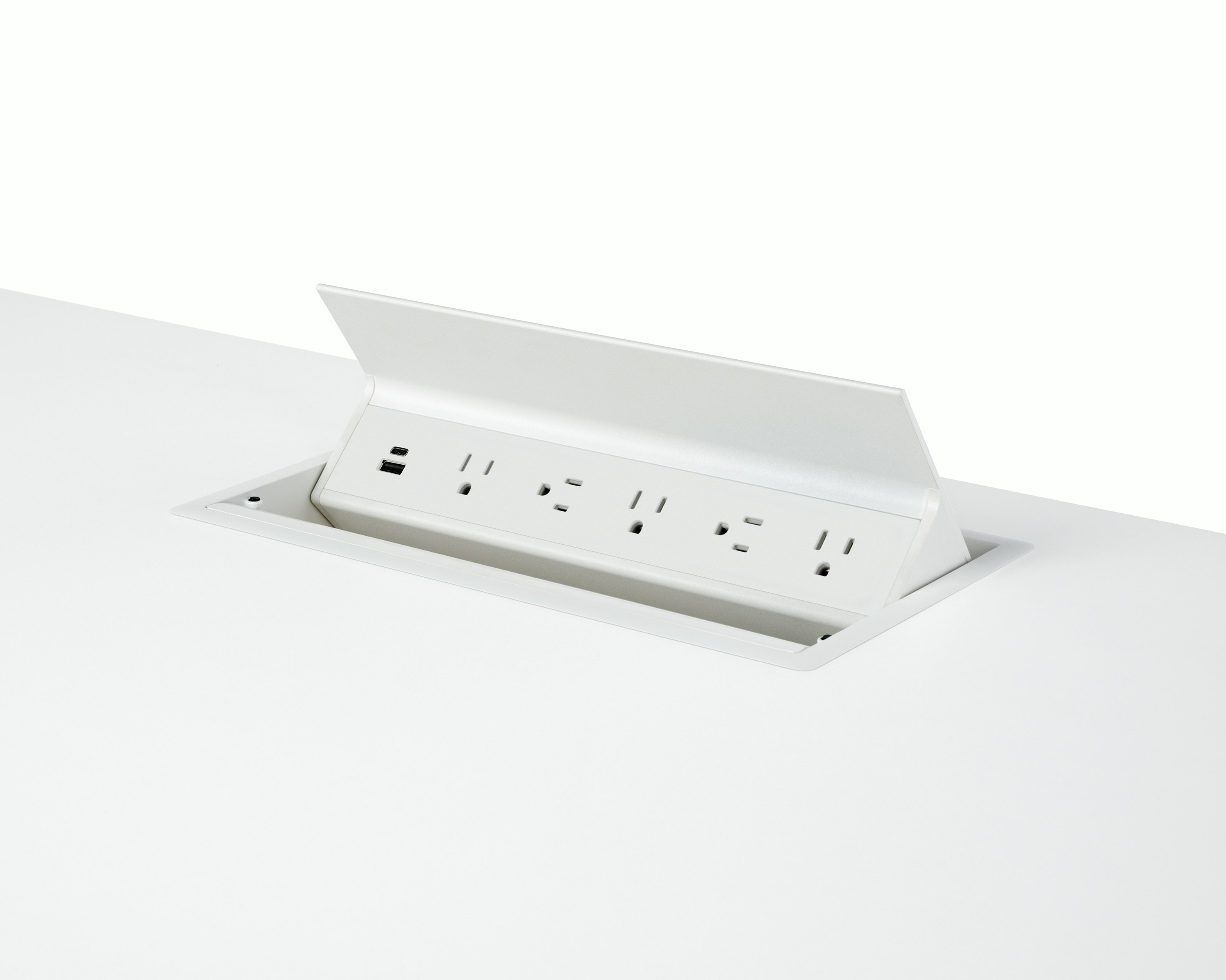 USB-A port, USB-C port, and five A/C power outlets on an embedded table power source.