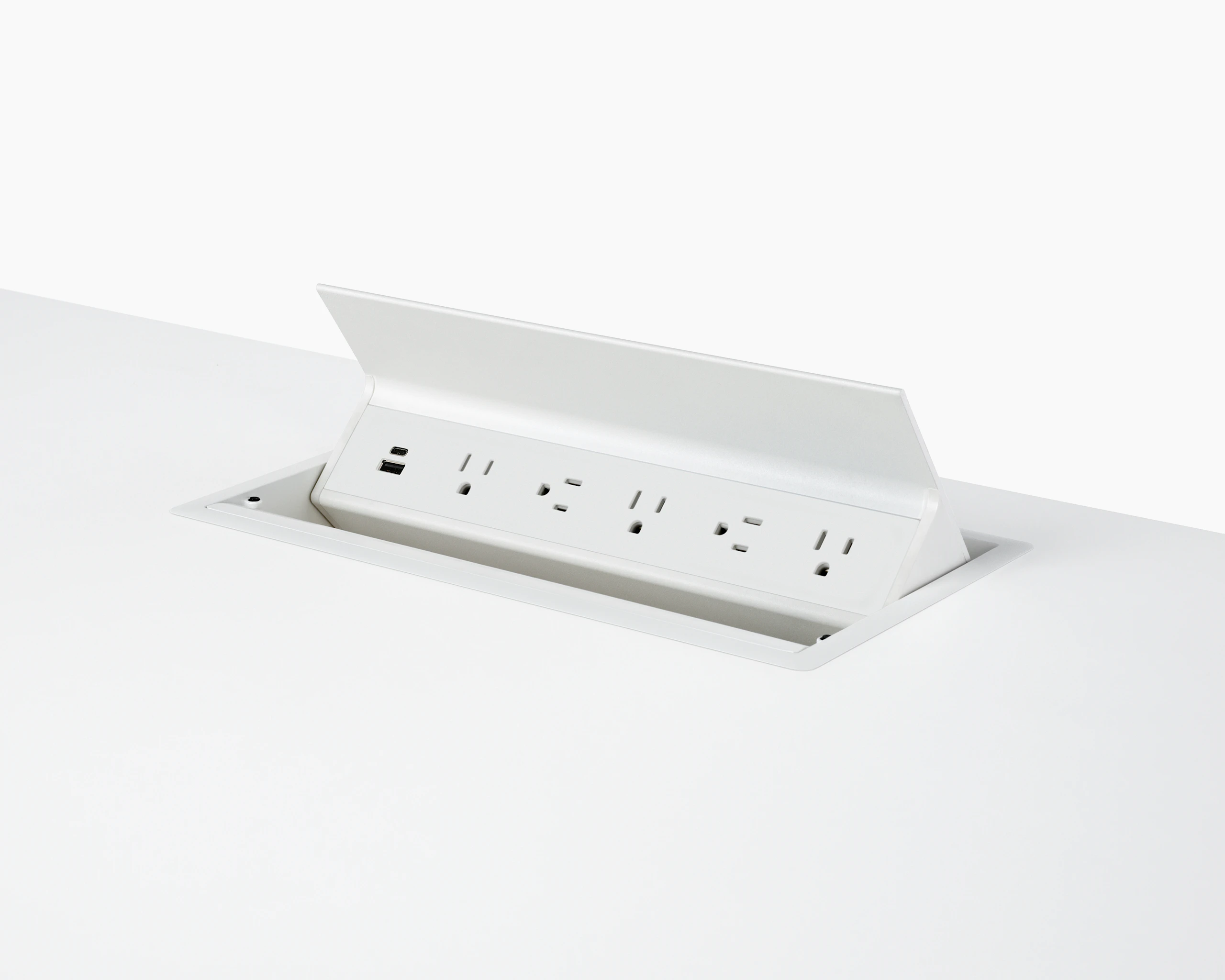 USB-A port, USB-C port, and five A/C power outlets on an embedded table power source.