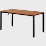 Angle view of a four leg height-adjustable table with a dark woodgrain surface and black base.