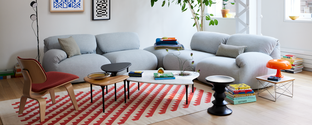 Luva Modular Corner Sectional, Cyclade Tables and Eames Turned Stool