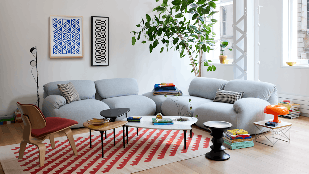 Luva Modular Corner Sectional, Cyclade Tables and Eames Turned Stool