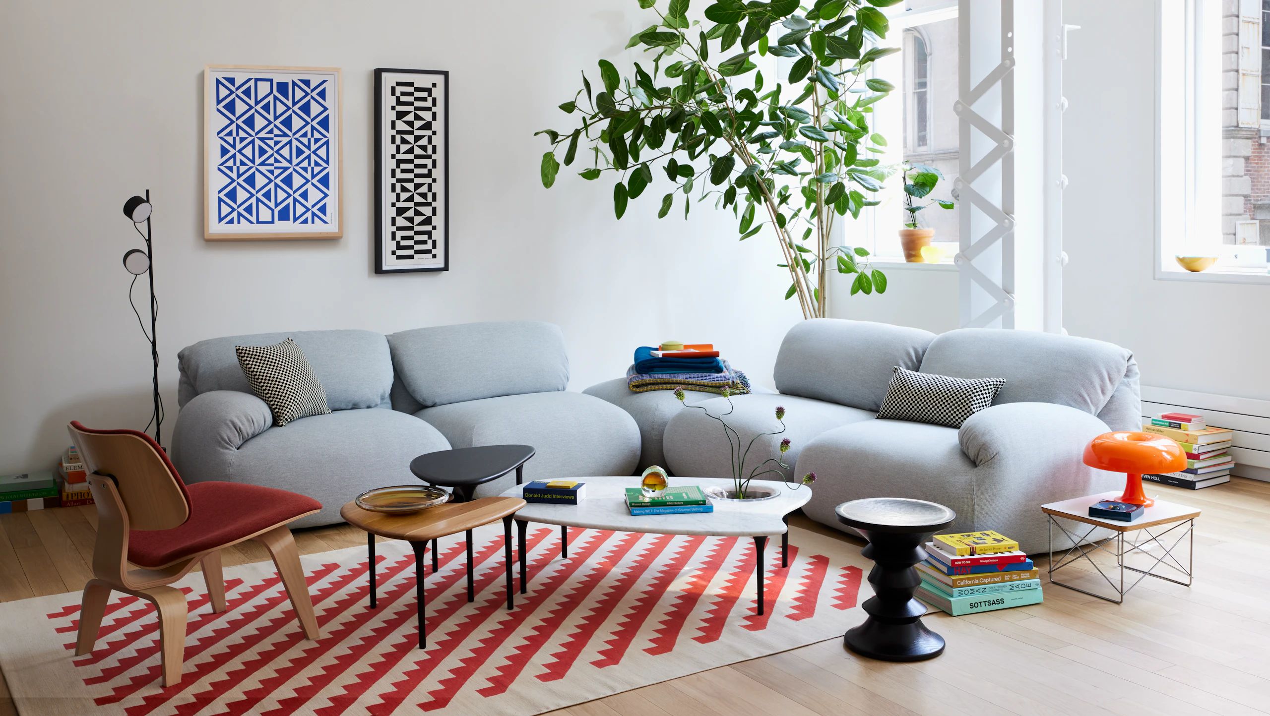 Luva Modular Corner Sectional, Cyclade Tables and Eames Turned Stool