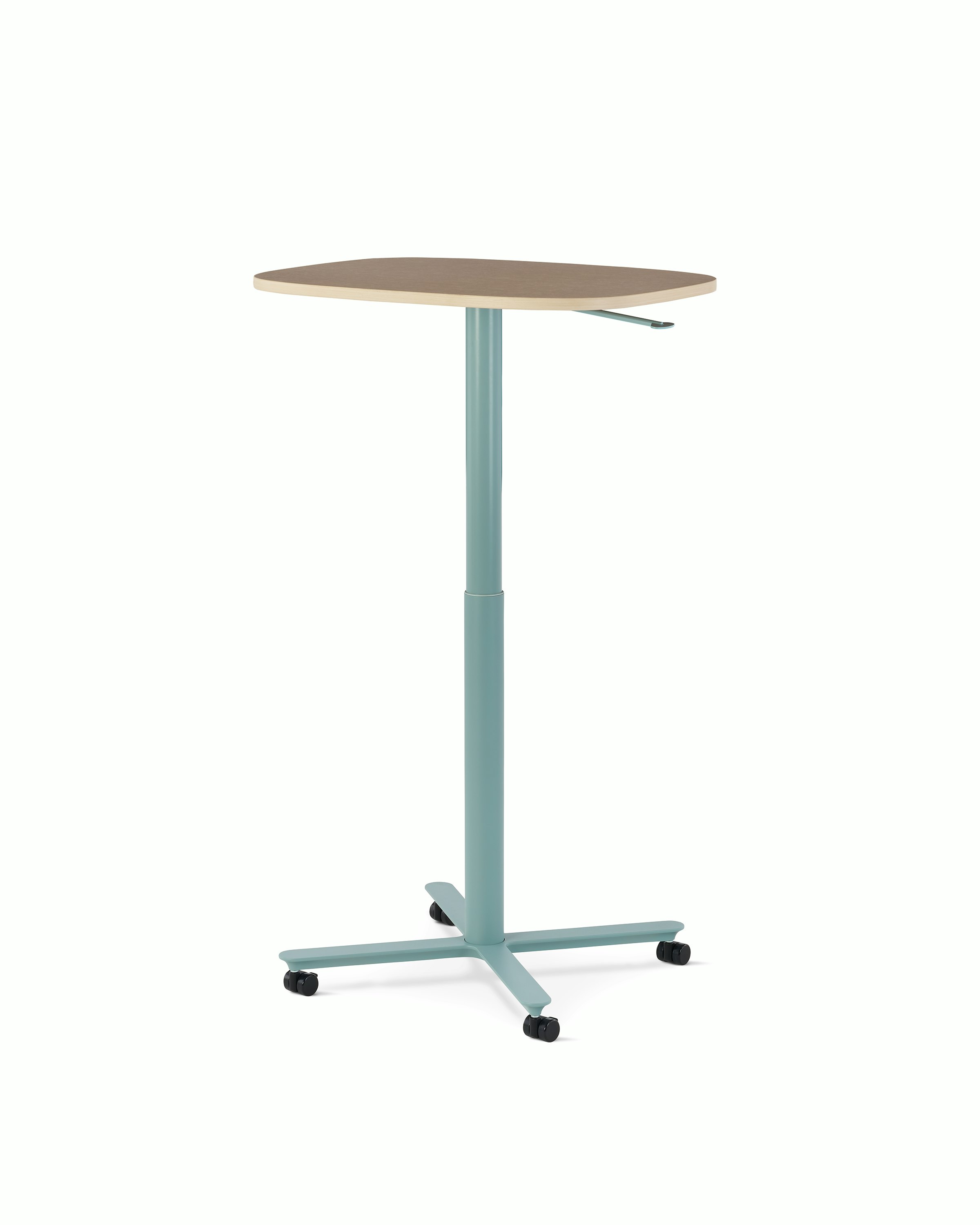 Large Passport Work Table shown with light woodgrain surface and light blue base on casters.