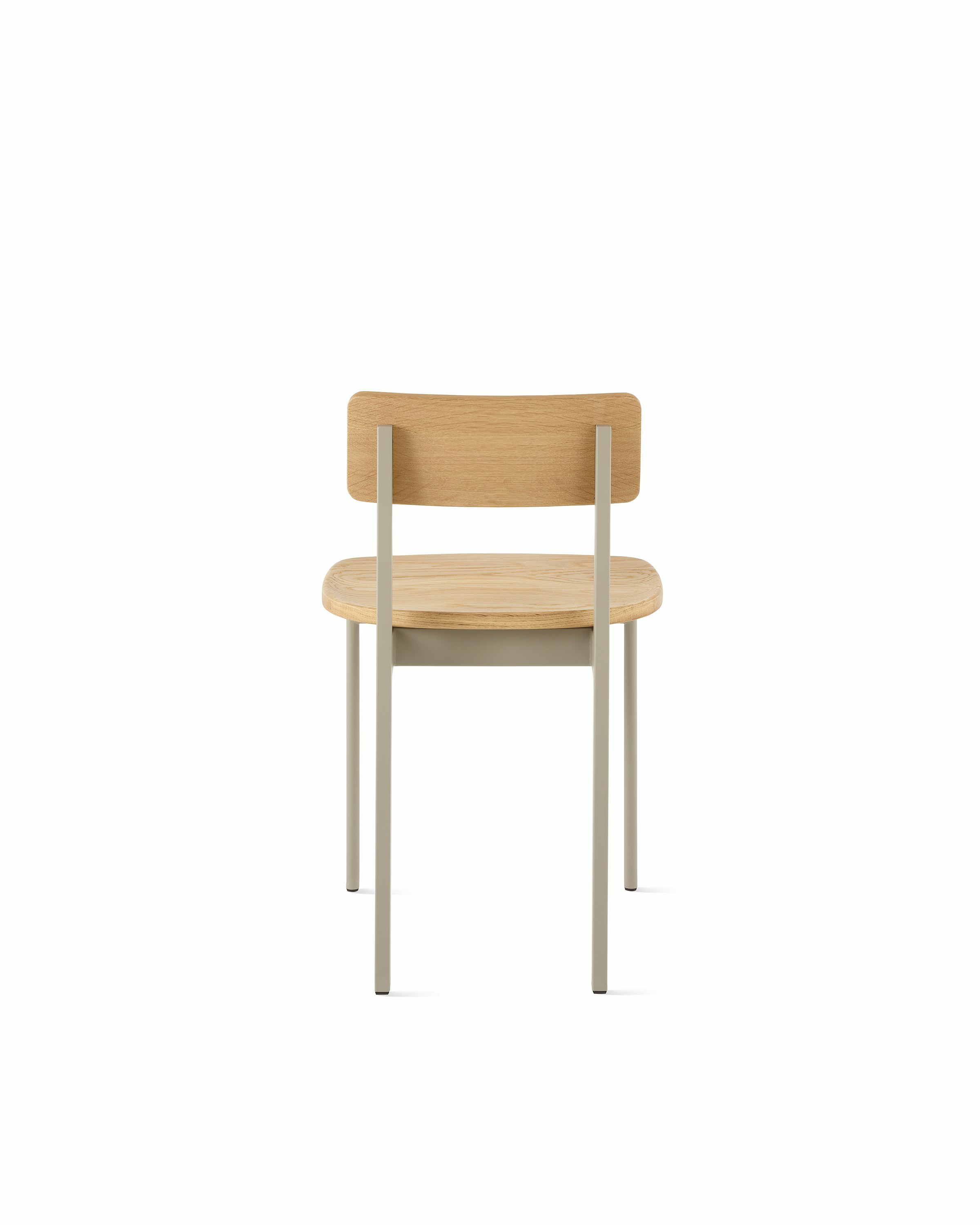 A Betwixt Chair with an oak seat and backrest with a grey frame. 