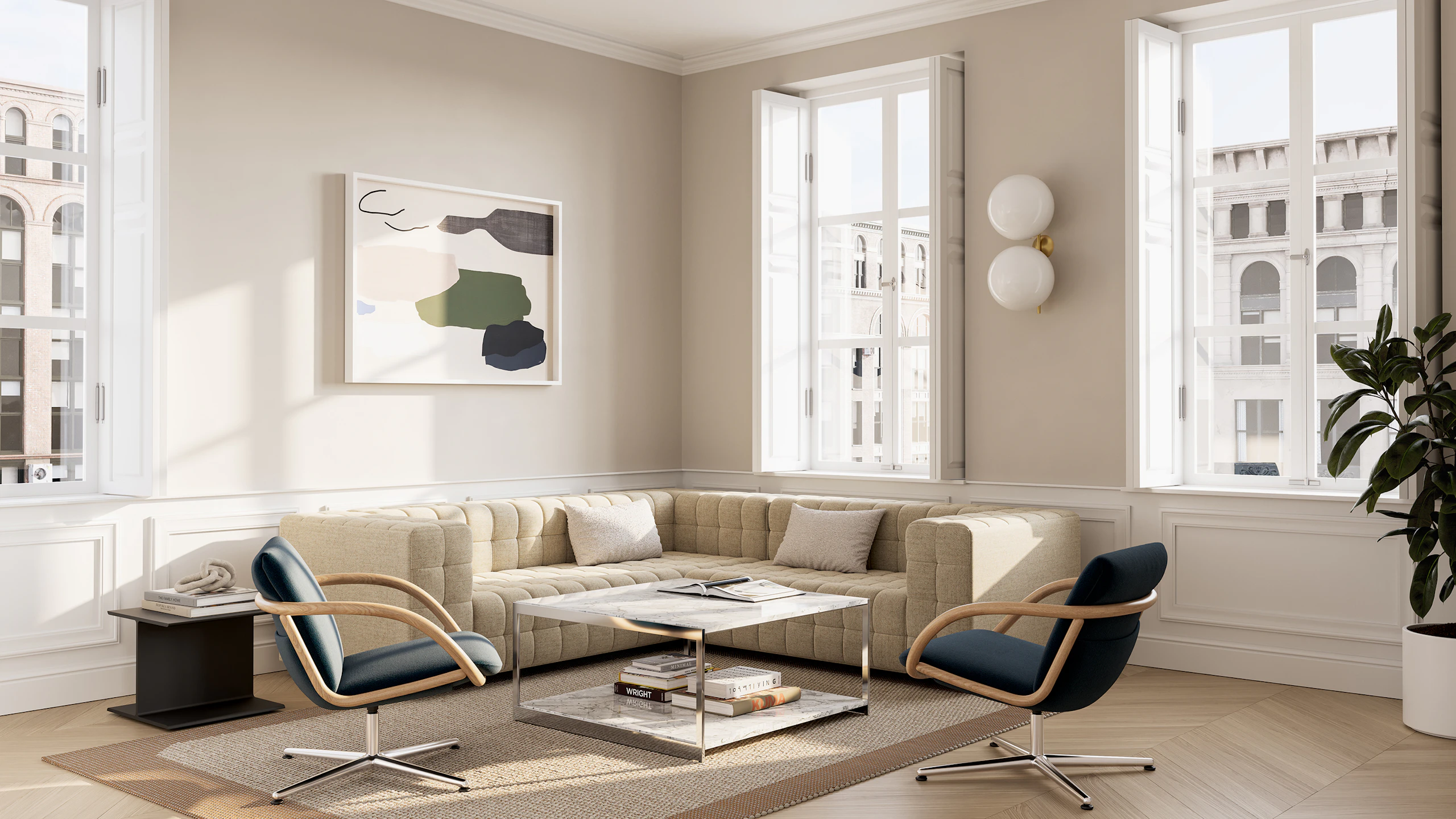 Full Loop Lounge Chairs with Rapport Sofa and H Frame Coffee Table in a residential or collaborative office setting.