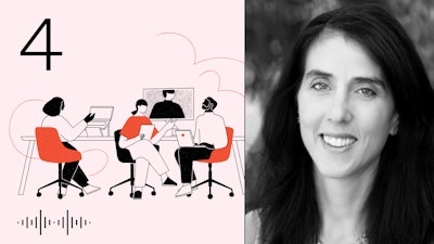 Looking Forward podcast cover art with episode number 4 in the top left corner is stacked alongside a portrait of the guest for this episode, leadership expert Debbie Lovich.
