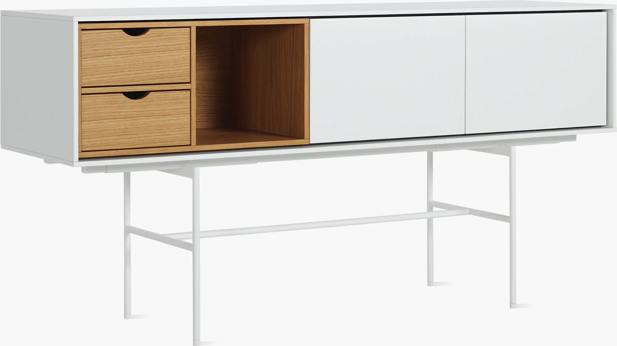 Aura credenza open view with white doors and oak drawers