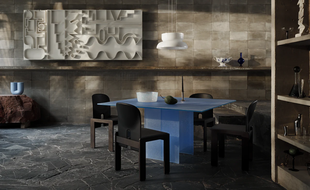 Blue table base with two side legs forming a pedestal