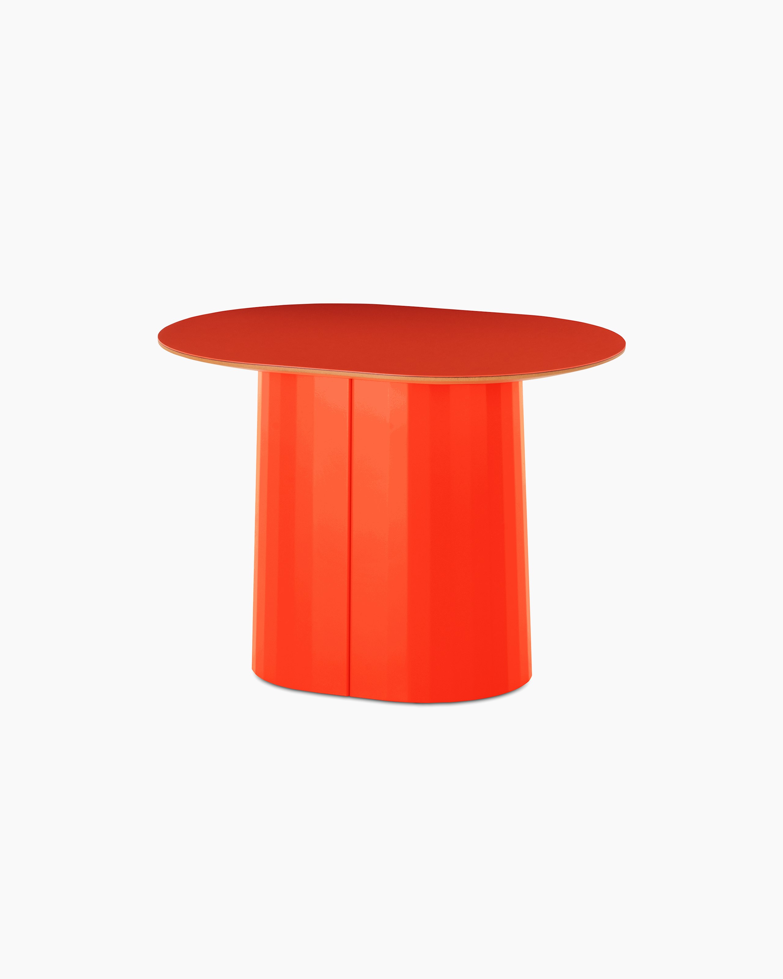 White sweep shot of Tun Low Side Table with orange metal base and orange Forbo table top.