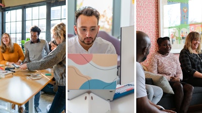A collage of photographs of people working together in collaborative office spaces to underscore the need for a new perspective on supporting work today.