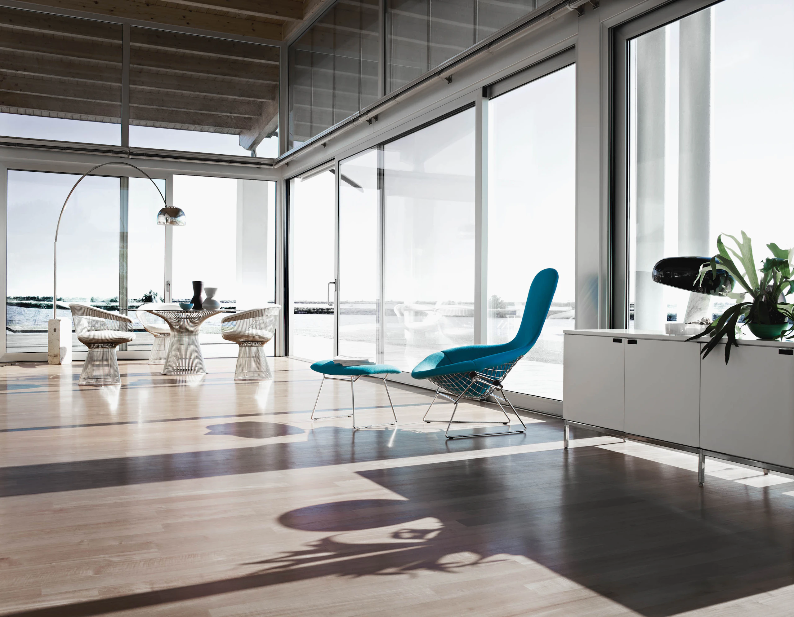 Harry Bertoia blue Bird Chair with Platner Dining Collection