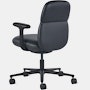 Rear angle view of a mid-back Asari chair by Herman Miller in black leather with height adjustable arms.